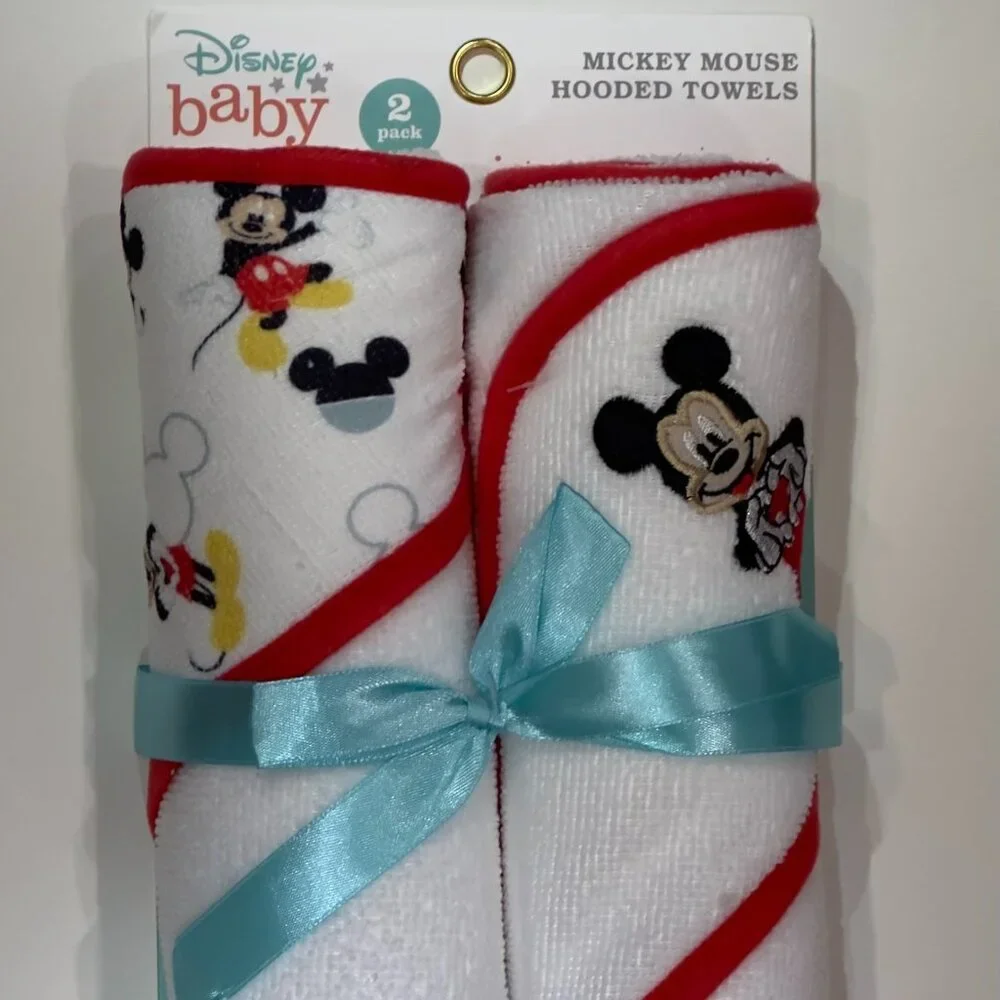 Disney Cudlie Baby Boy Mickey Mouse 2 Pack Rolled/Carded Hooded Towels in Happy